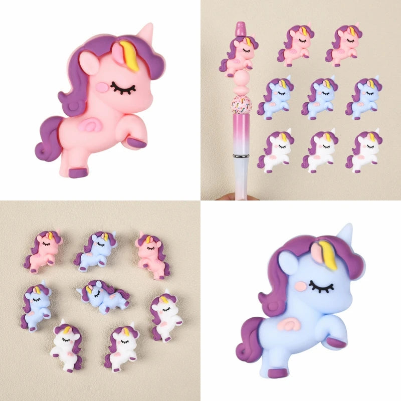 5/10Pcs Silicone Beads Cartoon Unicorn 3D Focal Beads Jewellery Making DIY Beaded Pen Keychain Bracelets Jewelry Accessories