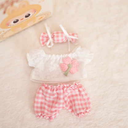17cm Labubu Baby Coat Colorful Bubble Gum Checkered Overalls Labubu Doll Plush Toy Doll Costume Baby Coat