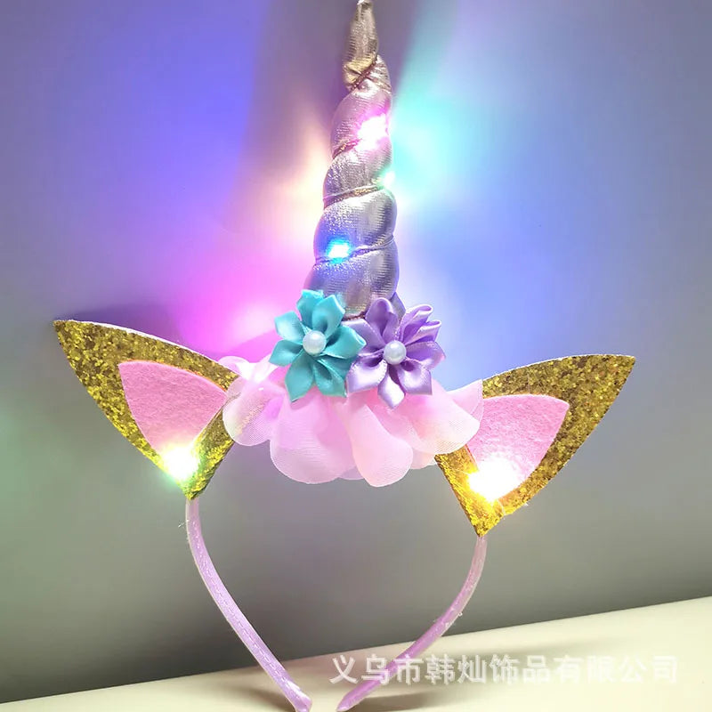 2023 Halloween Cute Unicorn Headband for Girls Lights Up Pink Sweet Party Hairpins Unique Cartoon Hair Accessories for Children