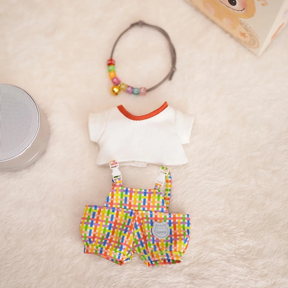 17cm Labubu Baby Coat Colorful Bubble Gum Checkered Overalls Labubu Doll Plush Toy Doll Costume Baby Coat