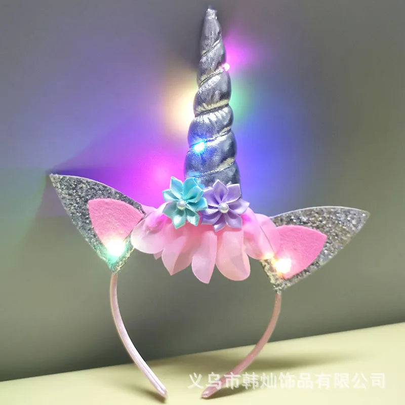 2023 Halloween Cute Unicorn Headband for Girls Lights Up Pink Sweet Party Hairpins Unique Cartoon Hair Accessories for Children
