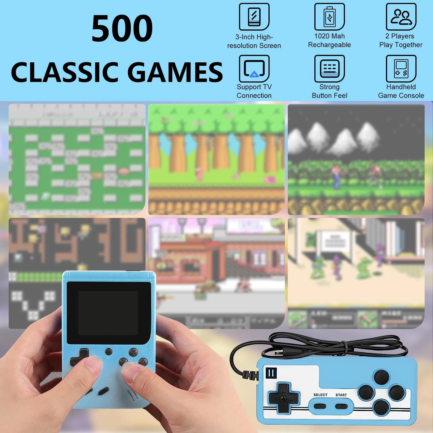 Retro Handheld Game Console with 500 Classical FC Games-3.0 Inches Screen Portable Video Game Consoles, Handheld Video Games