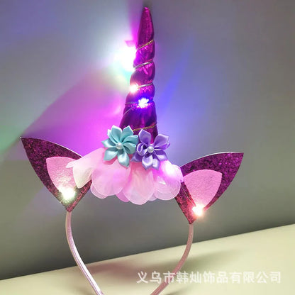 2023 Halloween Cute Unicorn Headband for Girls Lights Up Pink Sweet Party Hairpins Unique Cartoon Hair Accessories for Children