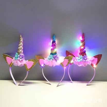 2023 Halloween Cute Unicorn Headband for Girls Lights Up Pink Sweet Party Hairpins Unique Cartoon Hair Accessories for Children