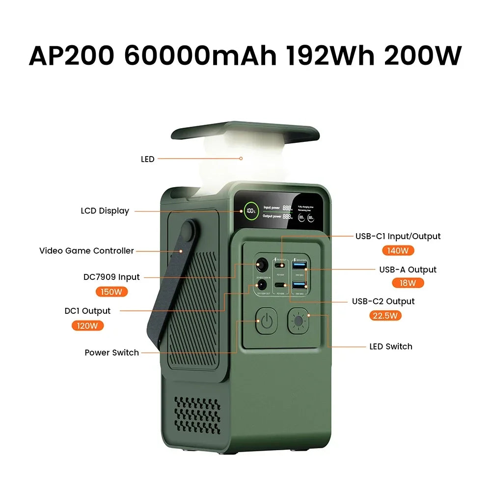 60000mAh Portable Power Station 200W 192Wh Fast Charging Power Bank External Battery for Outdoor Camping Generator Power Supply