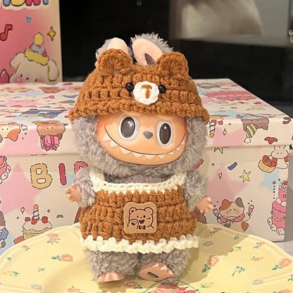 Doll Clothes For Labubu Cute Hand Knitting Sets Bear Pig Strawberry Hat Skirt 2PCS/Pack Plush Cotton Doll DIY Dress Up Accessory