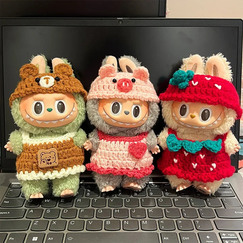 Doll Clothes For Labubu Cute Hand Knitting Sets Bear Pig Strawberry Hat Skirt 2PCS/Pack Plush Cotton Doll DIY Dress Up Accessory