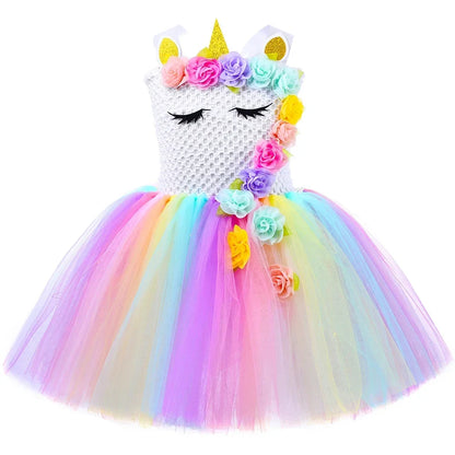 Girls Unicorn Princess Dress LED Light Up Birthday Party Kids Dresses for Girls Flowers Tutu Dress Halloween Costume Vestidos