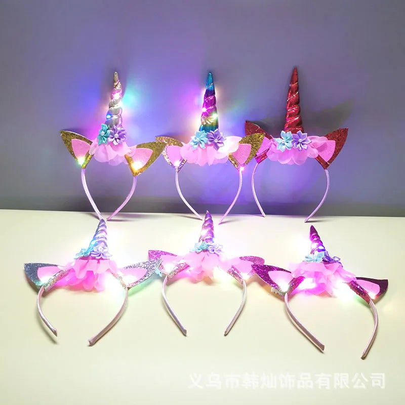 2023 Halloween Cute Unicorn Headband for Girls Lights Up Pink Sweet Party Hairpins Unique Cartoon Hair Accessories for Children