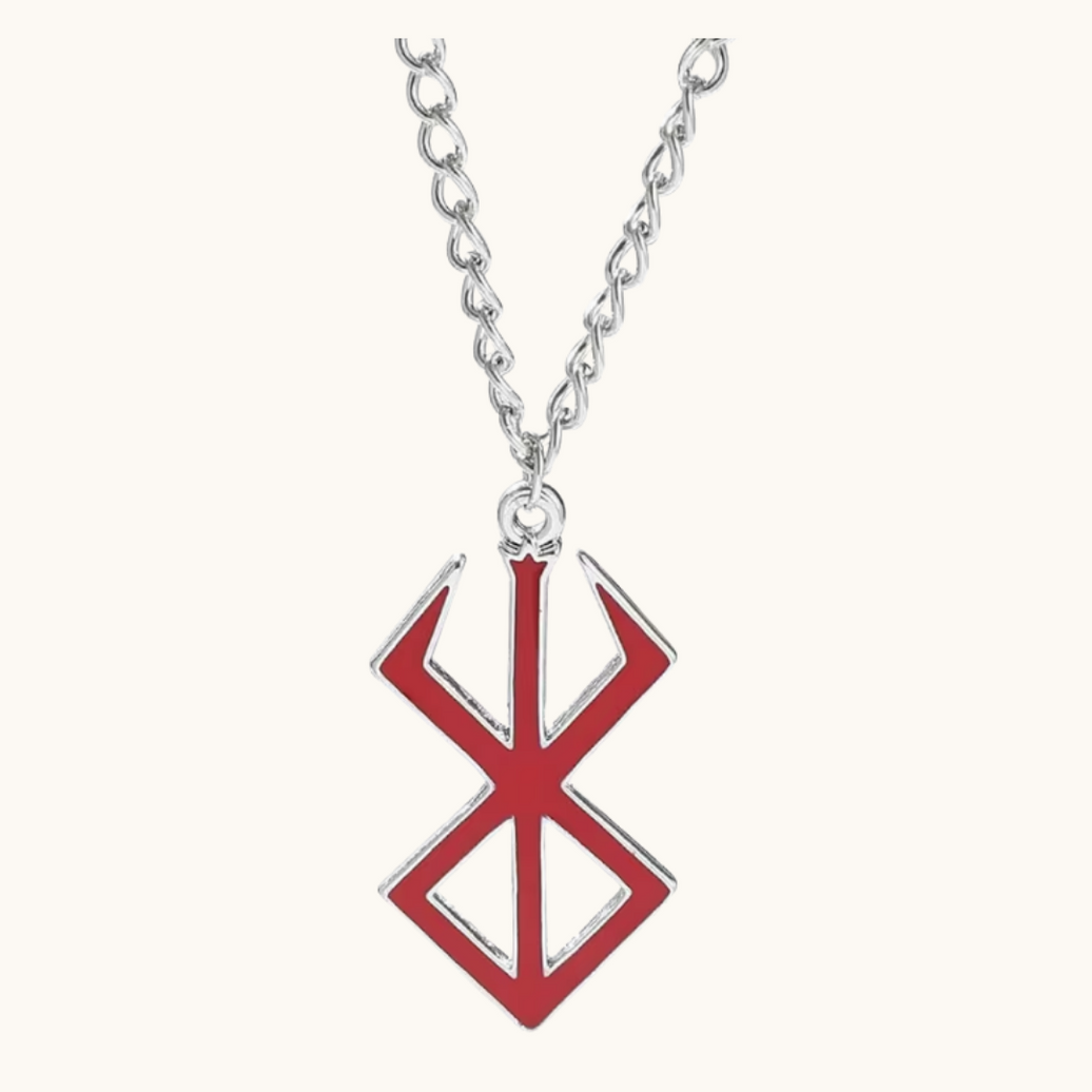Pixel Bit Berserk symbol necklace featuring a detailed metal pendant on a chain, perfect for fans of the anime series.
