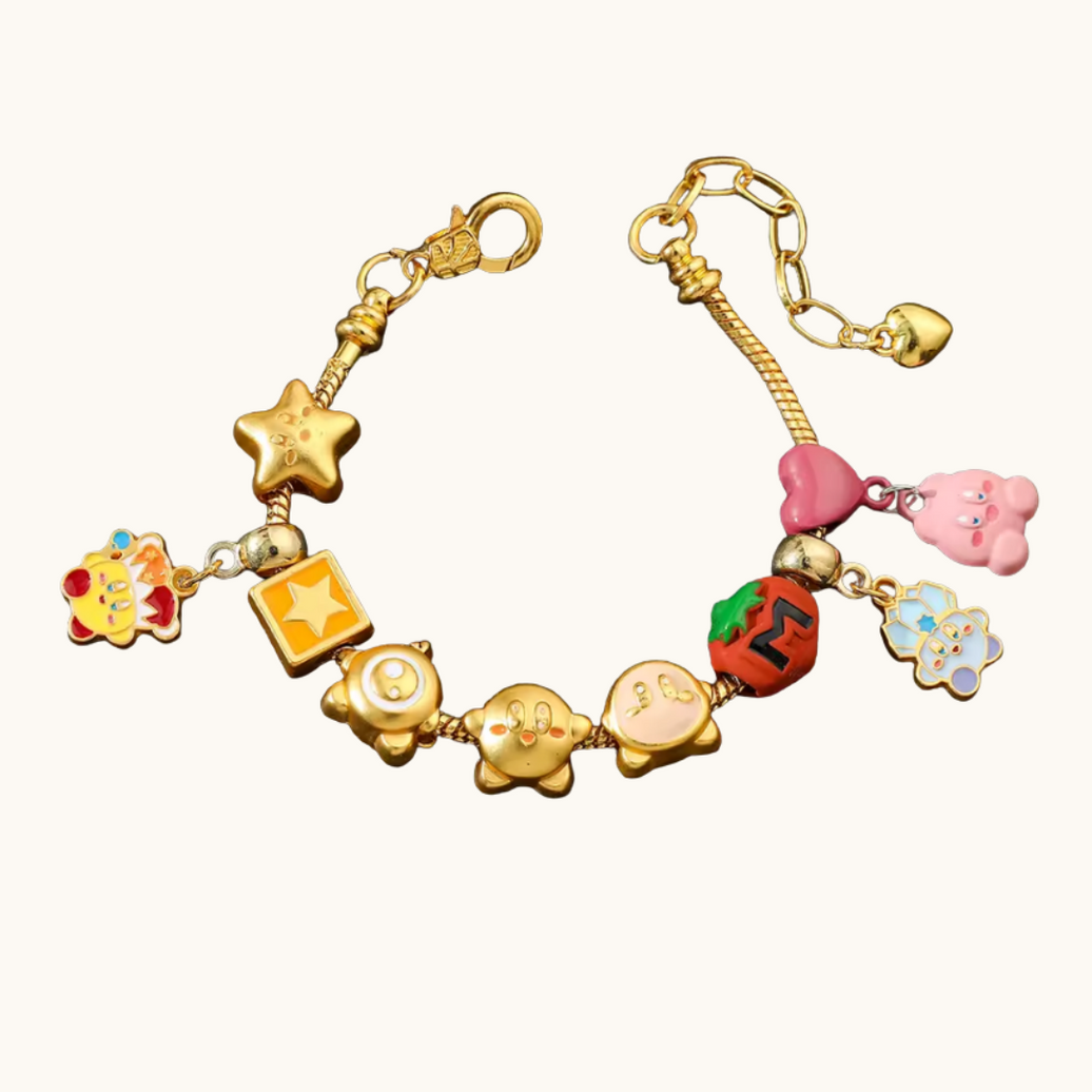 Pixel Bit Kirby Gold Charm Bracelet featuring a gold-tone charm with a Kirby design on a sleek bracelet chain.