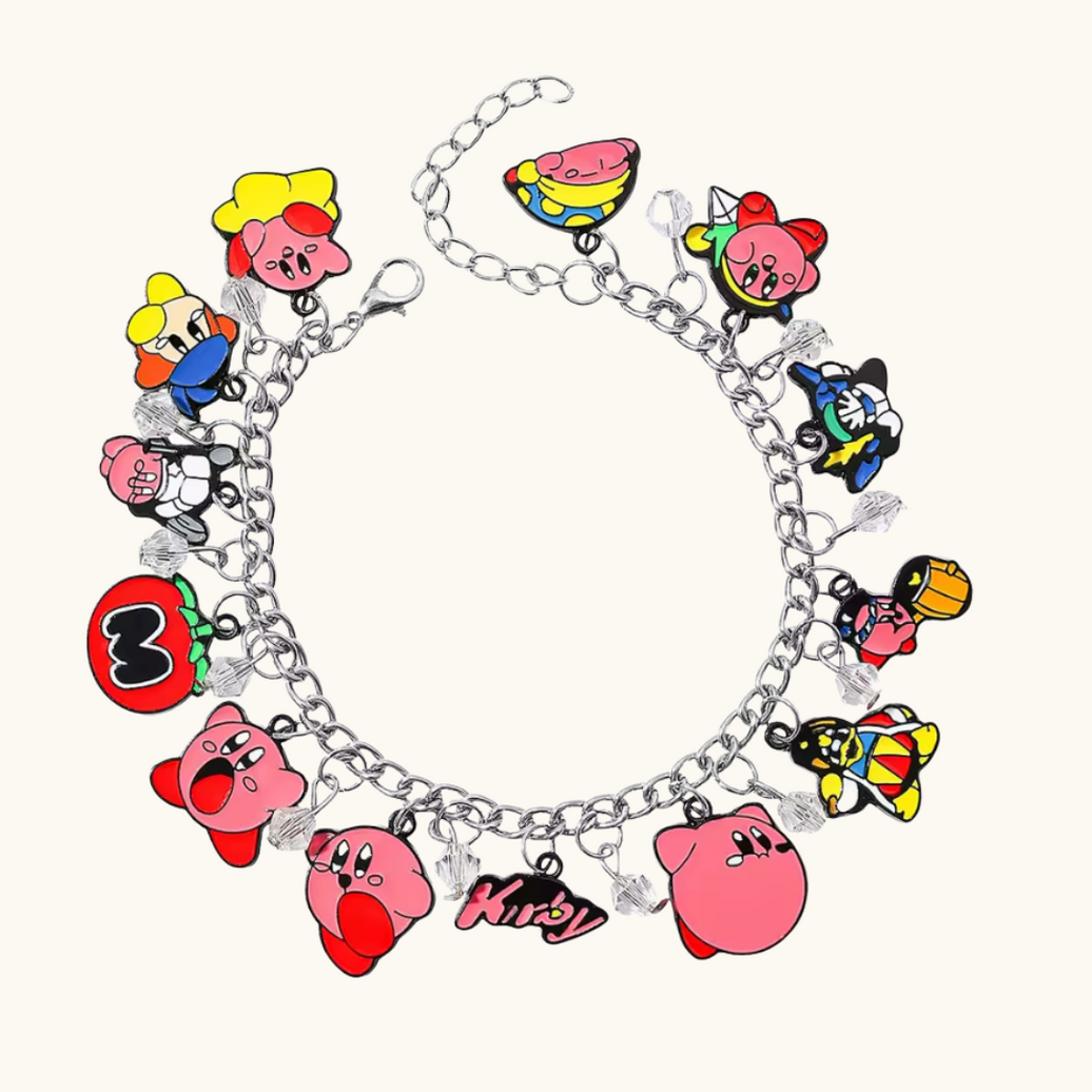 Pixel Bit Kirby silver charm bracelet featuring a detailed Kirby character charm on a sleek metal chain.