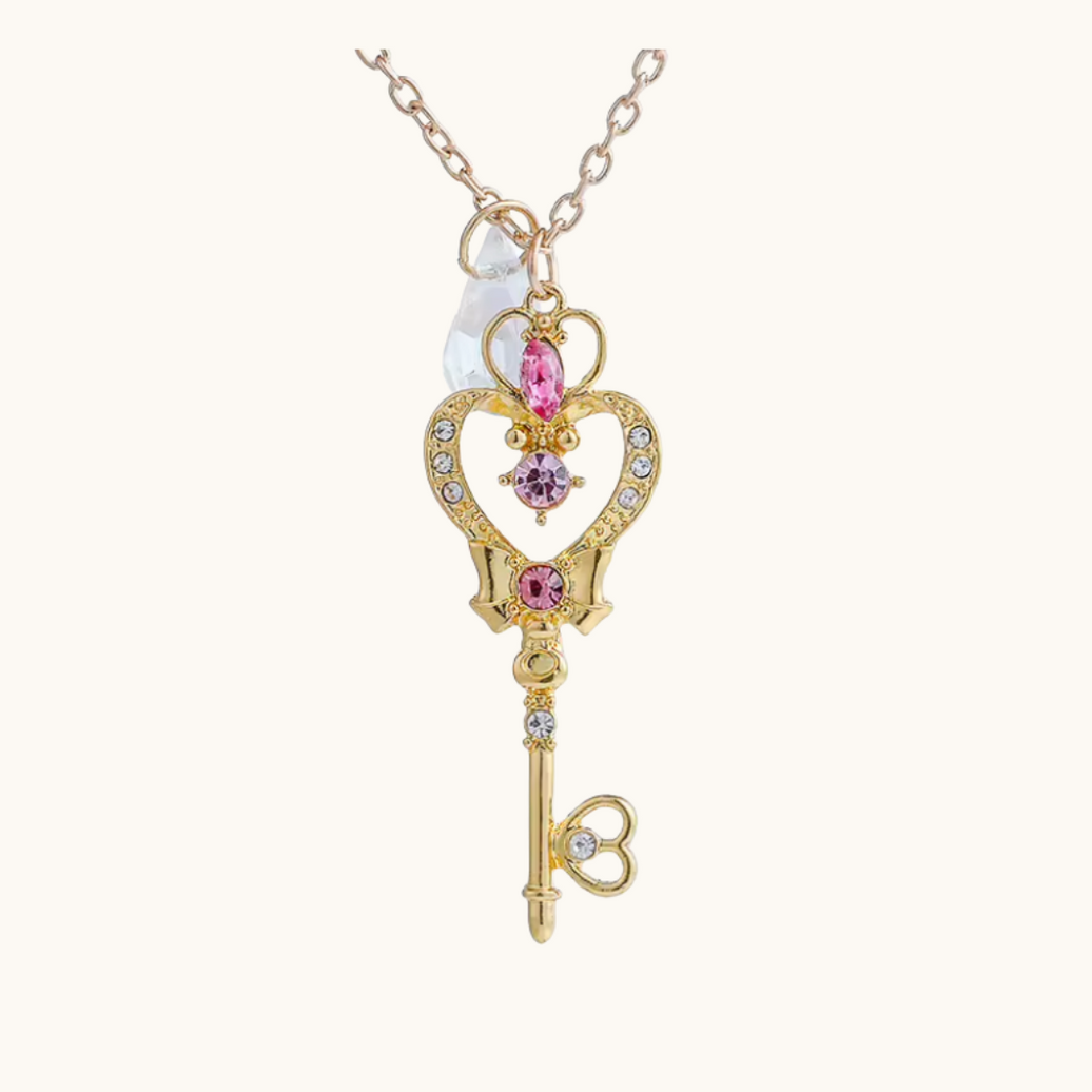 Magical Girl Pink Crystal Heart Key Necklace