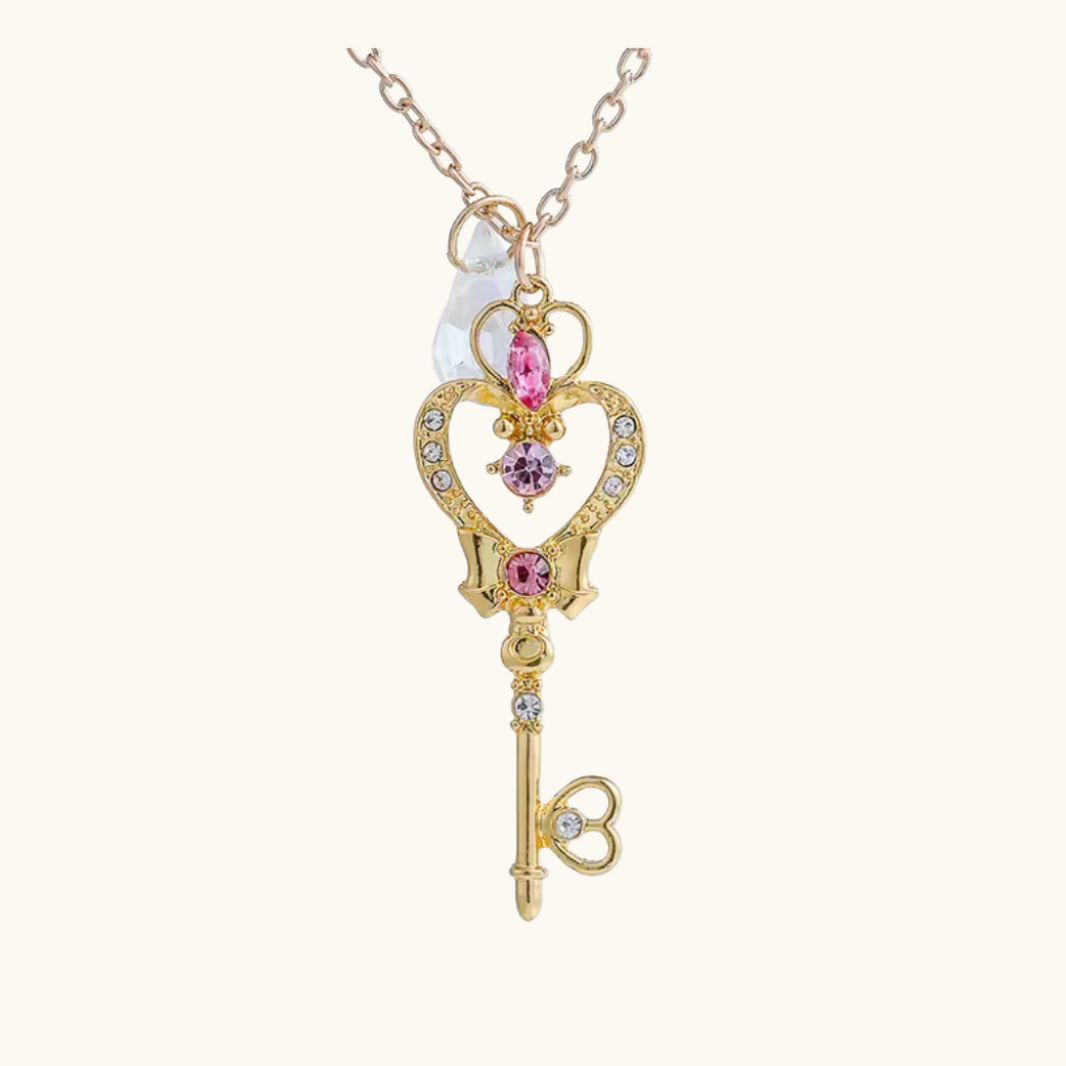 Magical Girl Pink Crystal Heart Key Necklace