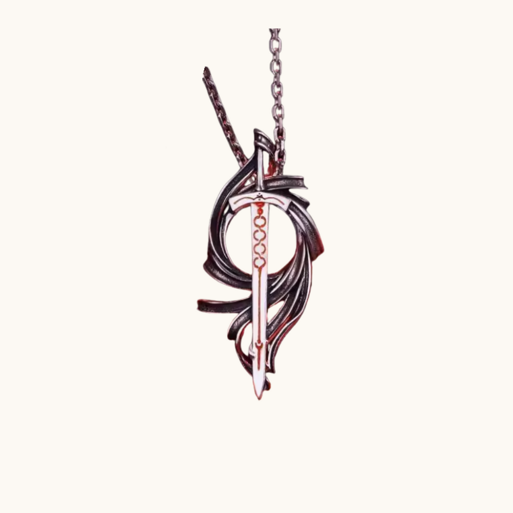 Pixel Bit Saber Alter Sword Necklace featuring a detailed silver sword pendant on a chain, ideal for anime and fantasy fans.