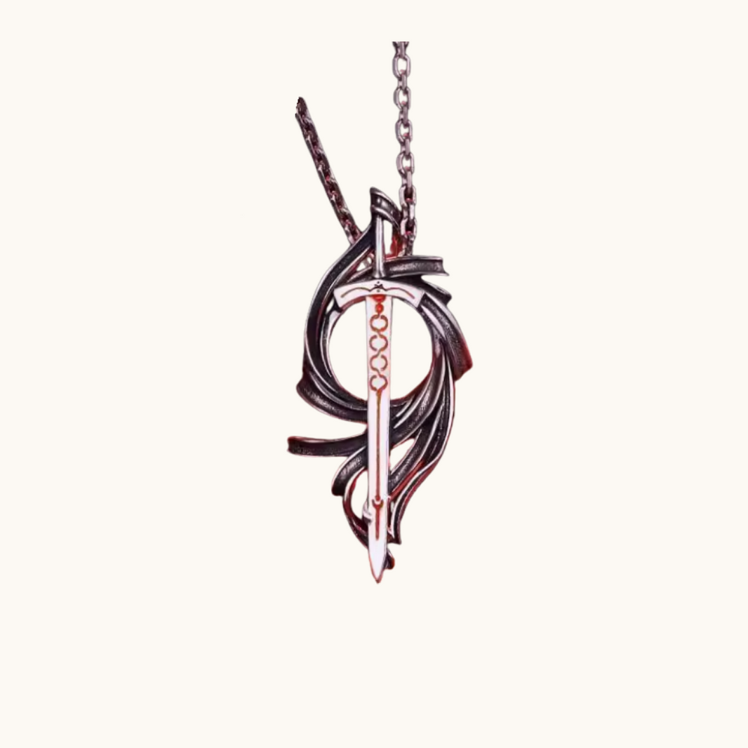 Pixel Bit Saber Alter Sword Necklace featuring a detailed silver sword pendant on a chain, ideal for anime and fantasy fans.