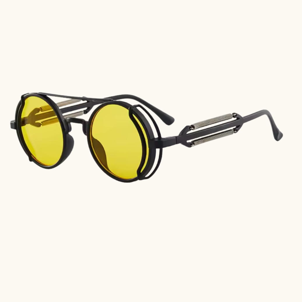 Yellow steampunk sunglasses by Pixel Bit with vintage-inspired metal frames and decorative gear accents.