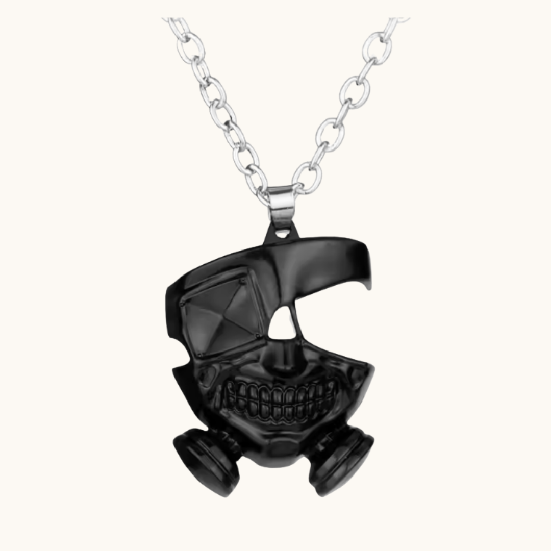 Pixel Bit Tokyo Ghoul mask necklace featuring a detailed pendant on a black chain, perfect for fans of the anime series.