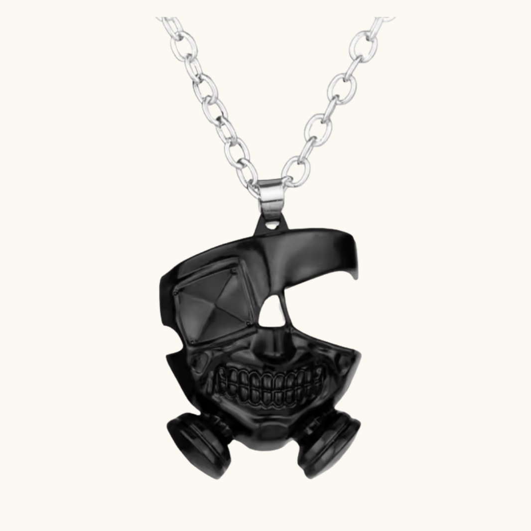 Pixel Bit Tokyo Ghoul mask necklace featuring a detailed pendant on a black chain, perfect for fans of the anime series.