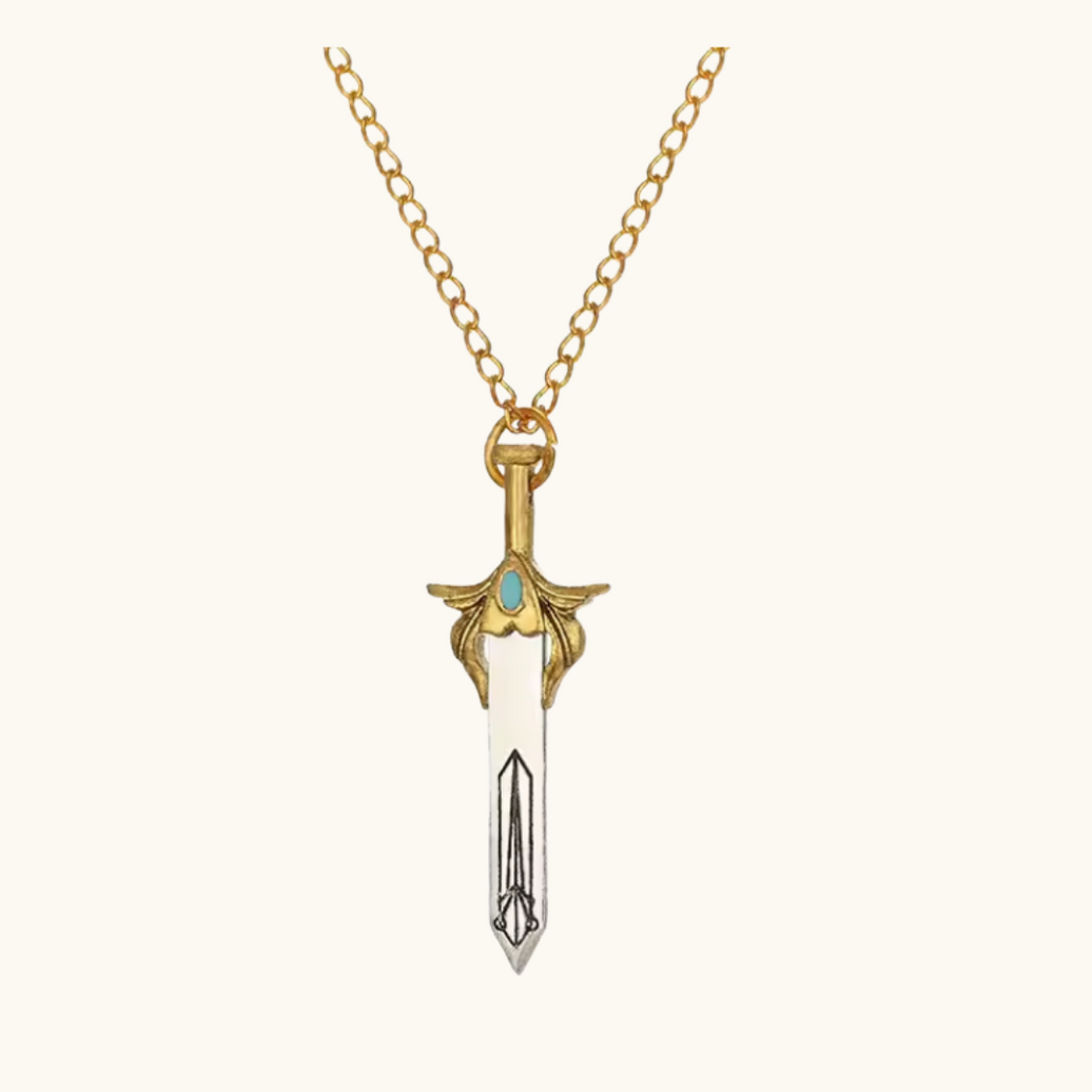 Pixel Bit Zelda Tears of the Kingdom Sky Sword Necklace featuring a detailed pendant on a silver chain.