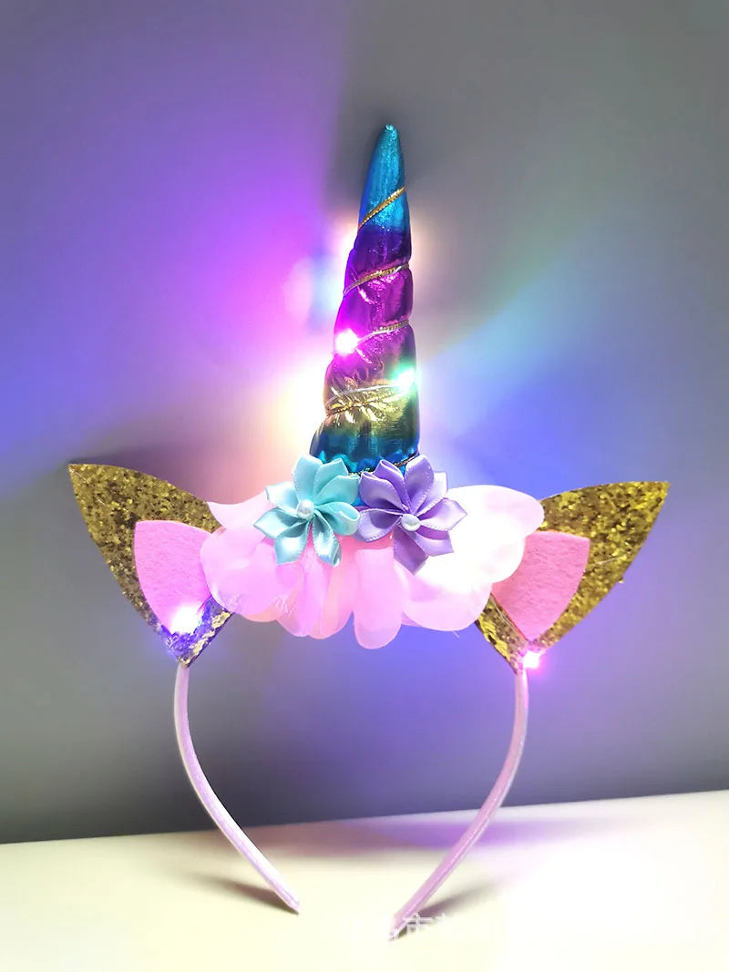 2023 Halloween Cute Unicorn Headband for Girls Lights Up Pink Sweet Party Hairpins Unique Cartoon Hair Accessories for Children