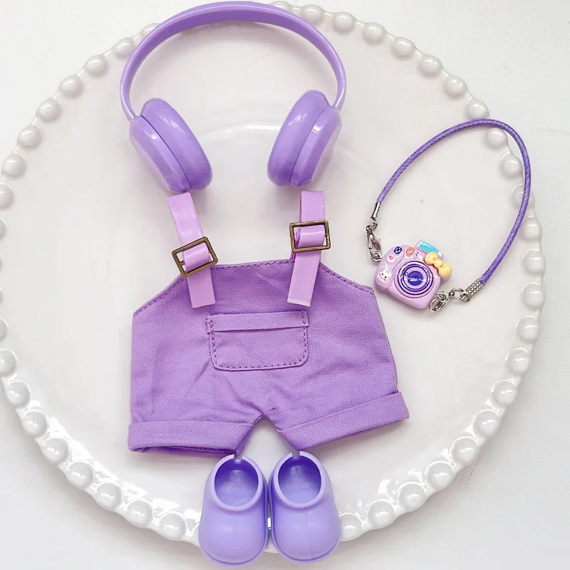 Clothes For Labubu Dolls 15/17Cm For LABUBU Sitting Party 1St 2Nd 3Rd Gen Headphones Overalls & Shoes Set Apparel Accessories