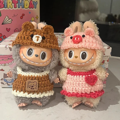 Doll Clothes For Labubu Cute Hand Knitting Sets Bear Pig Strawberry Hat Skirt 2PCS/Pack Plush Cotton Doll DIY Dress Up Accessory