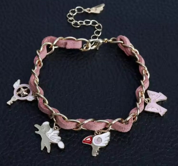 Cardcaptor Sakura Pink Bracelet with Charms - Bracelet delicate pink suede cord bracelet