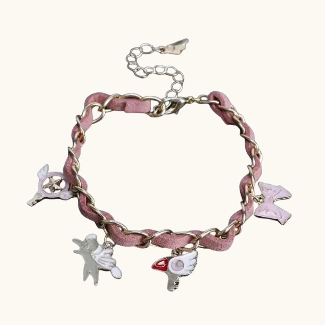 Cardcaptor Sakura Pink Bracelet with Charms - Bracelet pink suede cord bracelet silver-toned