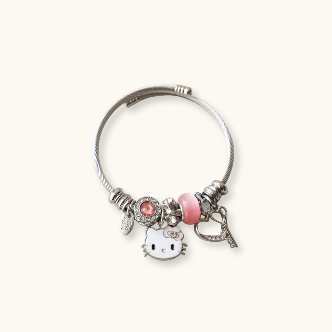 Cute Bow Cat Charm Bangle - Bracelet silver cable bracelet adorned kitty