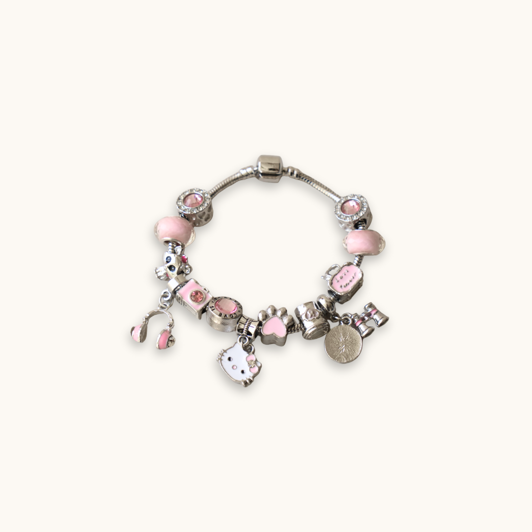 Cute Bow Cat Pink Charm Bracelet (19cm) - Bracelet pink silver kitty charm bracelet