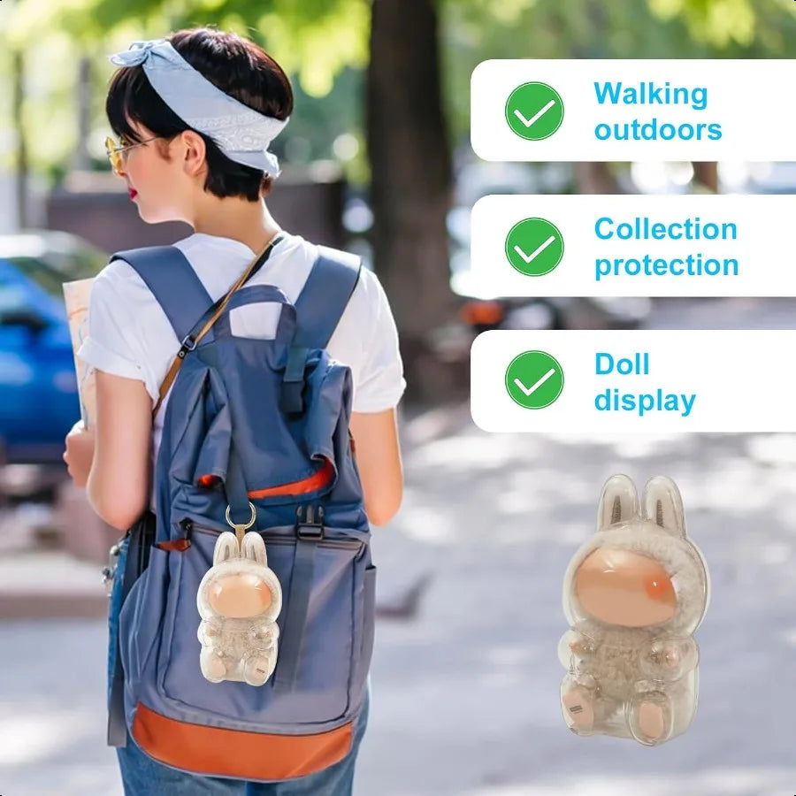 Protective Case for LABUBU Clear Figure Display Bag with Keychain Plastic Protective Cover Storage Transparent PVC Bag Hanging