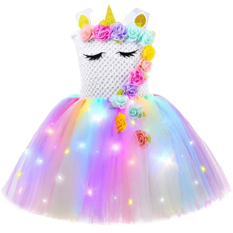 Girls Unicorn Princess Dress LED Light Up Birthday Party Kids Dresses for Girls Flowers Tutu Dress Halloween Costume Vestidos