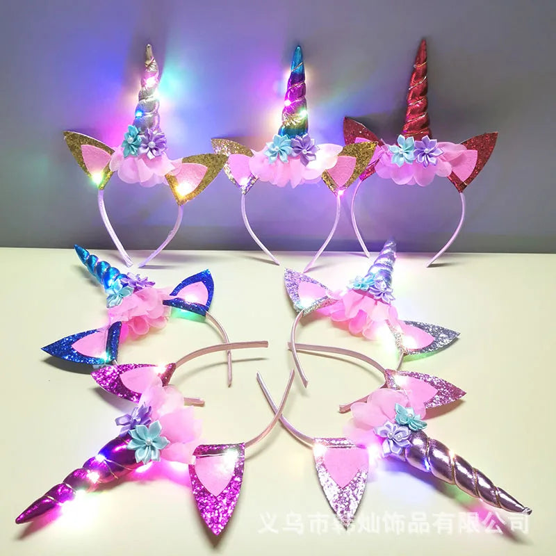 2023 Halloween Cute Unicorn Headband for Girls Lights Up Pink Sweet Party Hairpins Unique Cartoon Hair Accessories for Children