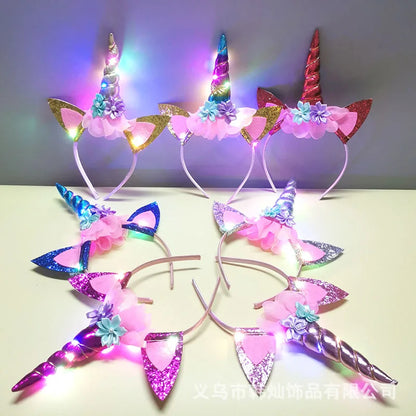 2023 Halloween Cute Unicorn Headband for Girls Lights Up Pink Sweet Party Hairpins Unique Cartoon Hair Accessories for Children