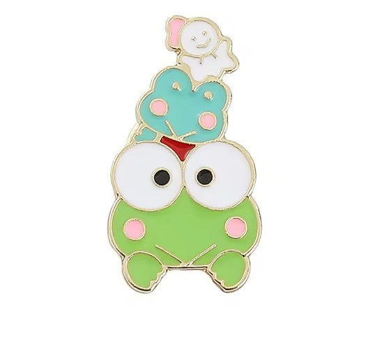 Kawaii Frog Character Enamel Pin - Brooche green enamel pin stack three