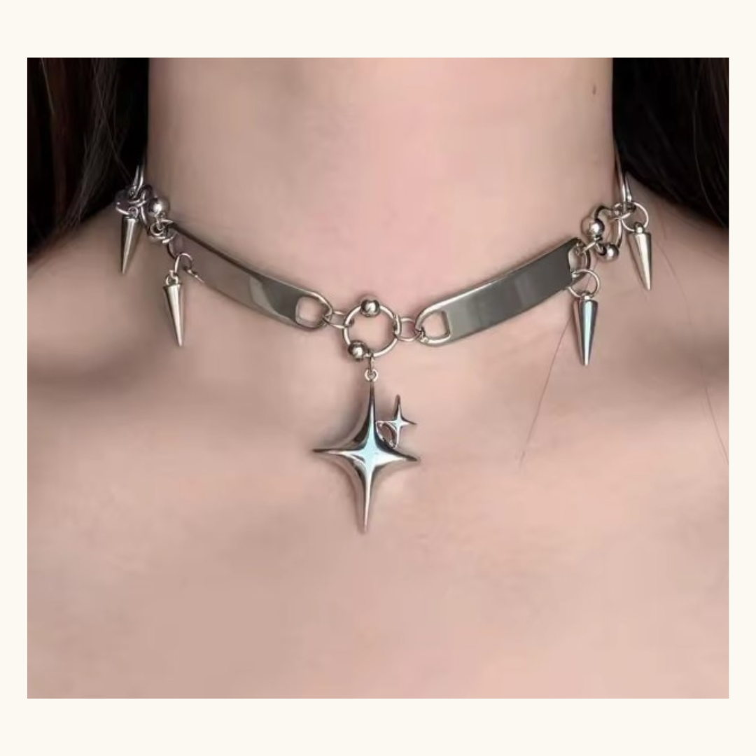Punk Star Rivet Choker Necklace - Necklace silver choker necklace spiked accents