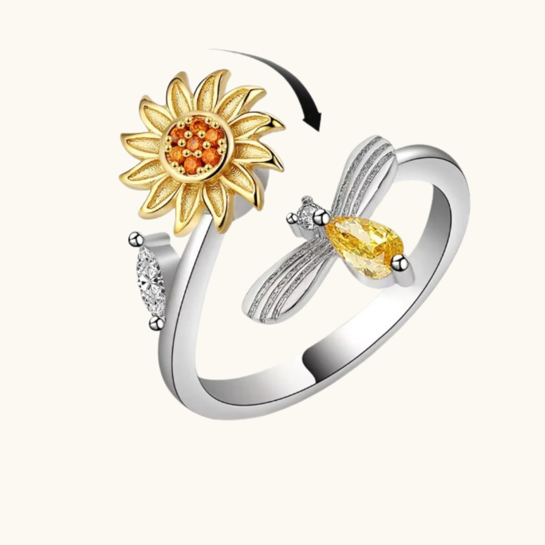 Rotating Flower Cubic Zirconia Adjustable Gold Ring - Ring silver gold sunflower-and-butterfly-themed ring central