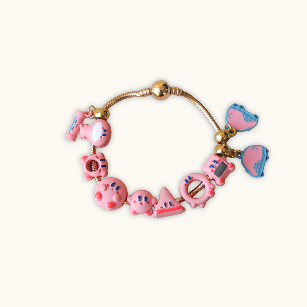 Round Pink Hero Charm Bracelet (21cm) - Bracelet pink kirby-themed charm bracelet gold-toned
