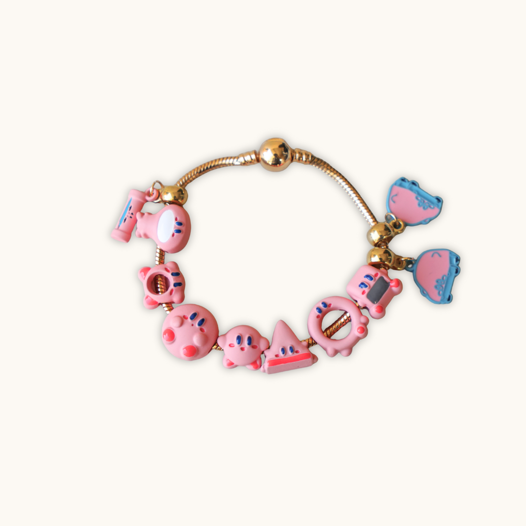 Round Pink Hero Charm Bracelet (21cm) - Bracelet pink kirby-themed charm bracelet gold-toned